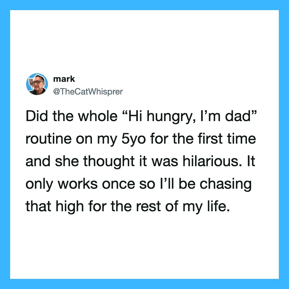 Twitter post by mark about a humorous dad routine at age 5.
