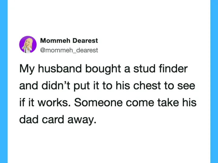 Mommeh Dearest tweet about her husband buying a stud finder.