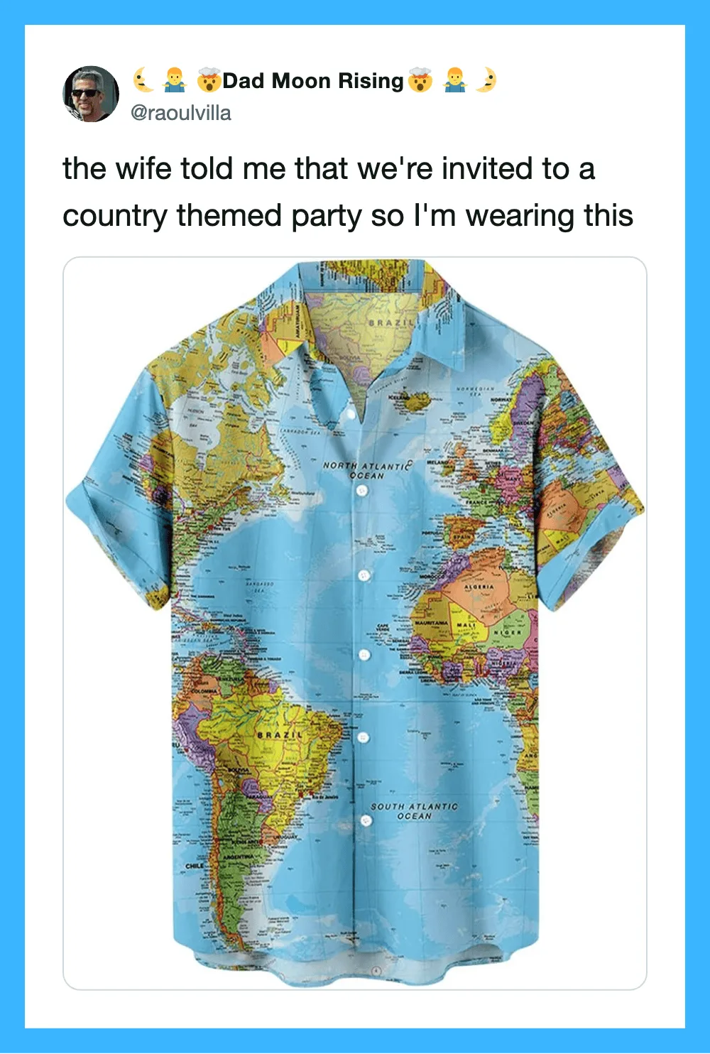 Man wearing a country-themed map shirt for a party.