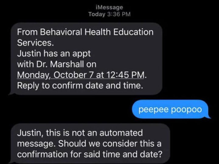 Text message conversation about an appointment with Dr. Marshall on October 7 at 12:45 PM.