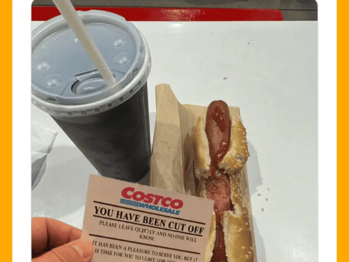 A hot dog with ketchup and mustard, a large soda, and a Costco cut-off receipt.