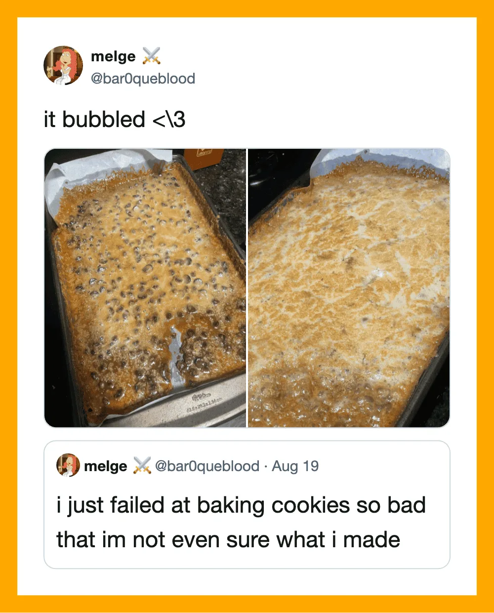 Two photos of a baking tray with bubbling, overbaked cookies, one before and one after.