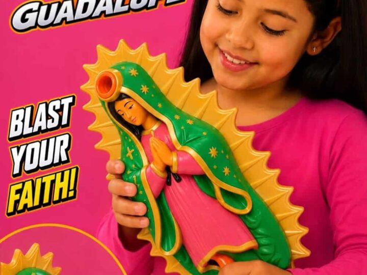 Girl holding a My Nerf de Guadalupe toy with a pink background.