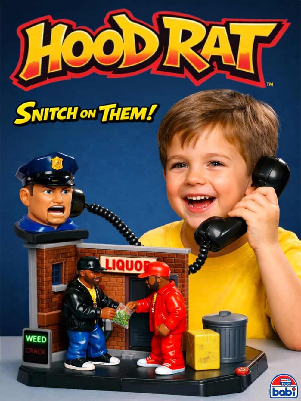 Hood Rat toy set with a boy talking on a black phone, featuring two figurines and a liquor store.