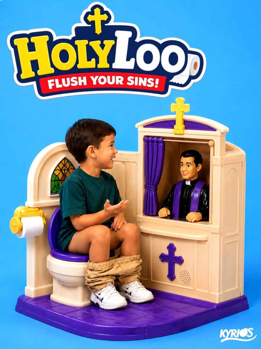 Child playing with Holy Loo toy set, pretending to confess to a priest.