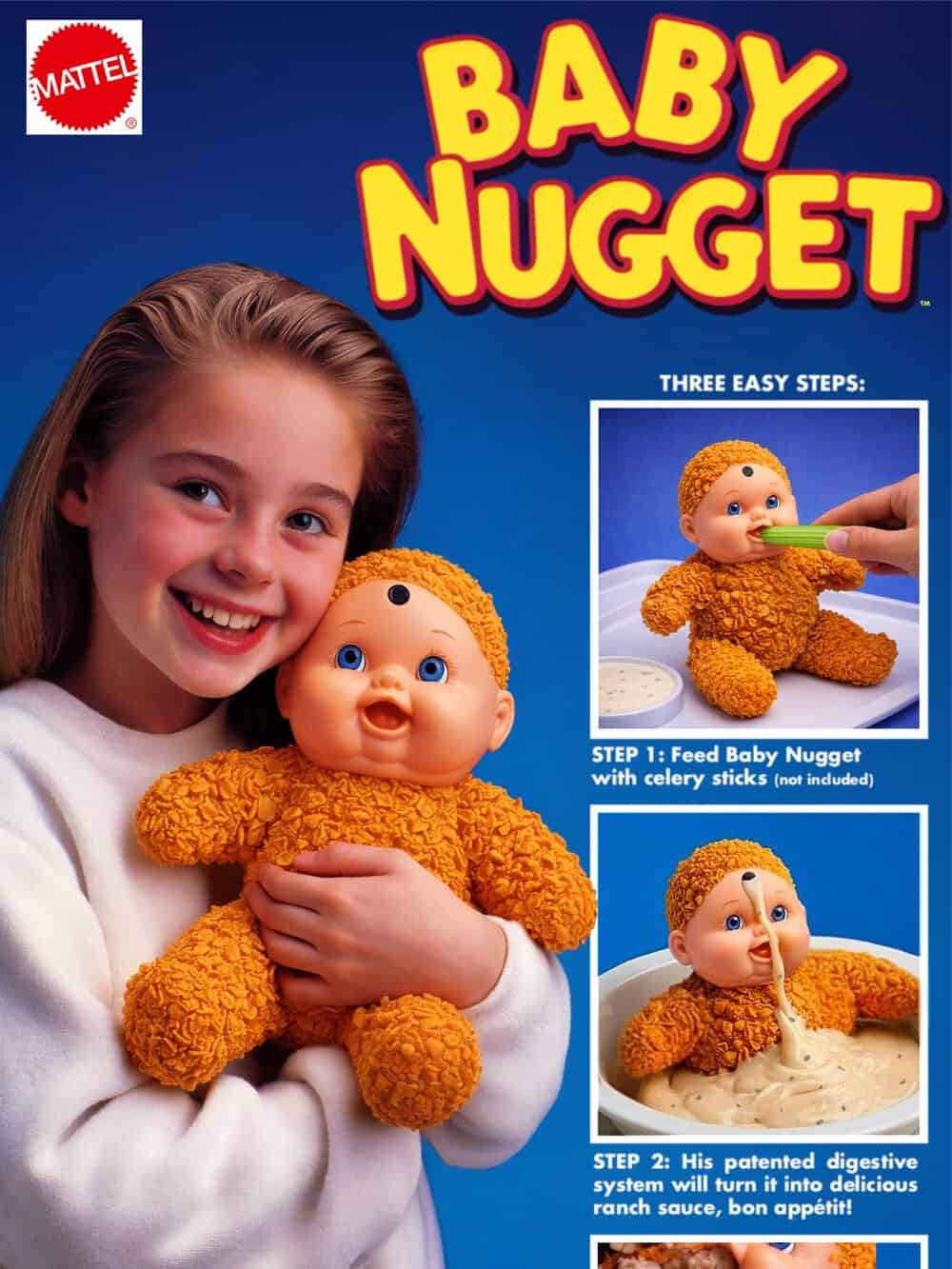 Child holding Baby Nugget toy with instructions on packaging.