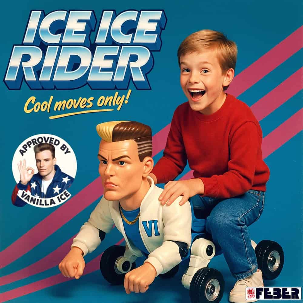 Young boy with a big smile riding a toy ice rider with a cartoon character.