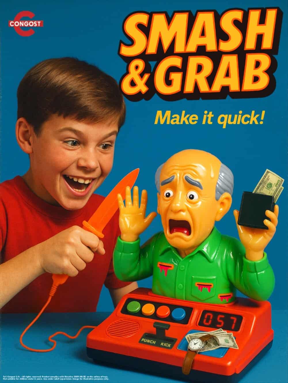 Child playing Smash & Grab toy with a crying old man figure and fake money.