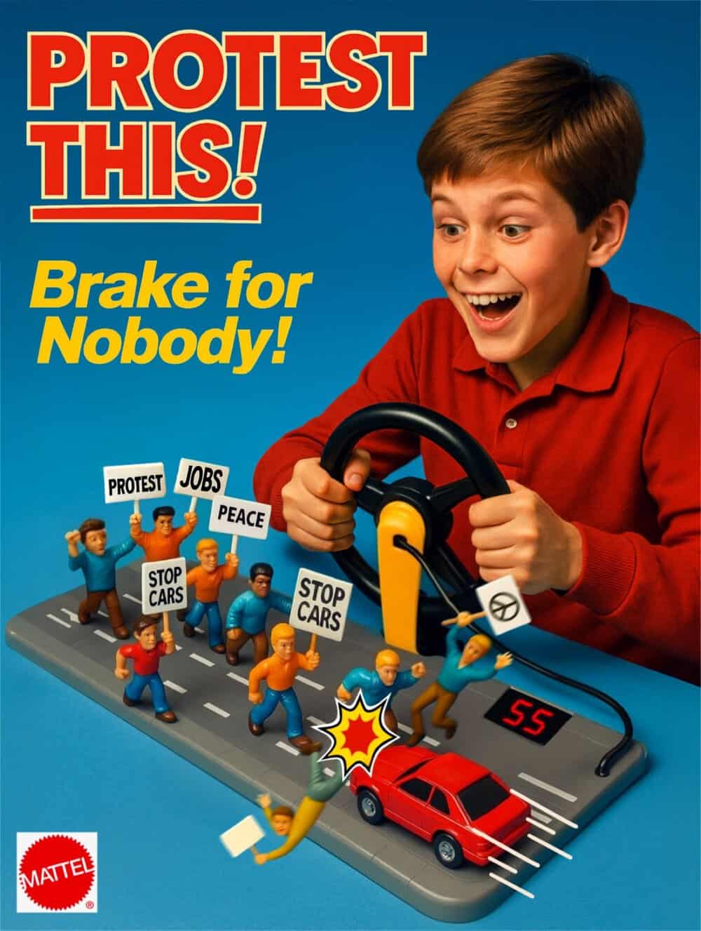 Child playing with protest-themed toy set, brake for nobody!.