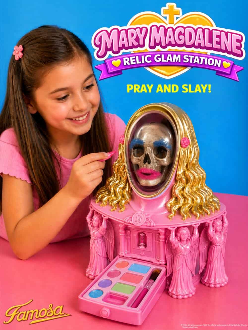 Girl playing with Mary Magdalene Relic Glam Station toy with skull face mask.
