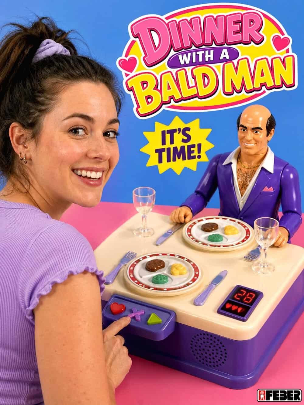Young woman playing a dinner game with a bald man toy, smiling at the camera.