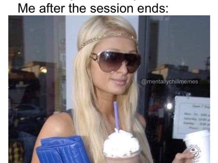 Woman with sunglasses holding a coffee and a phone, meme about avoiding caffeine to reduce anxiety.