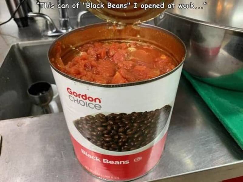 Can of black beans with tomato sauce, labeled 'Black Beans' and 'Gordon Choice'.