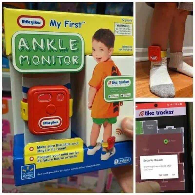 An ankle monitor toy for kids with a fake security breach alert on a phone.