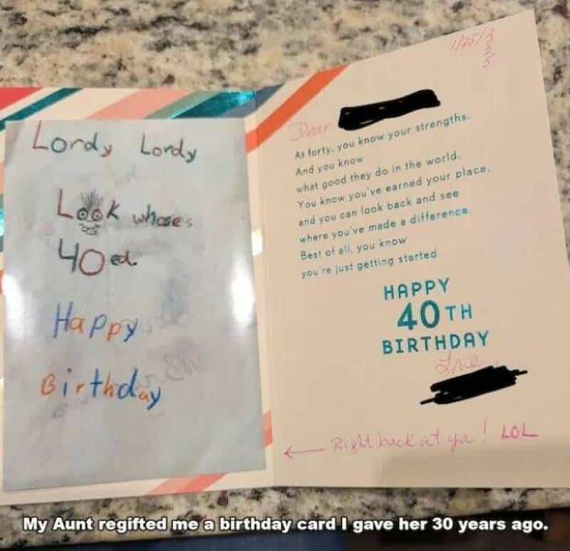 Child's handwritten birthday card with colorful text and a message for a 40th birthday.