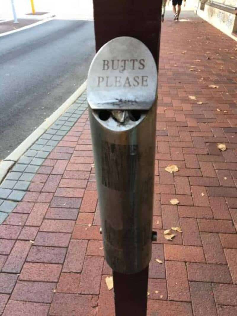 Trash bin with a sign that says 'BUTTS PLEASE' and a cat inside.
