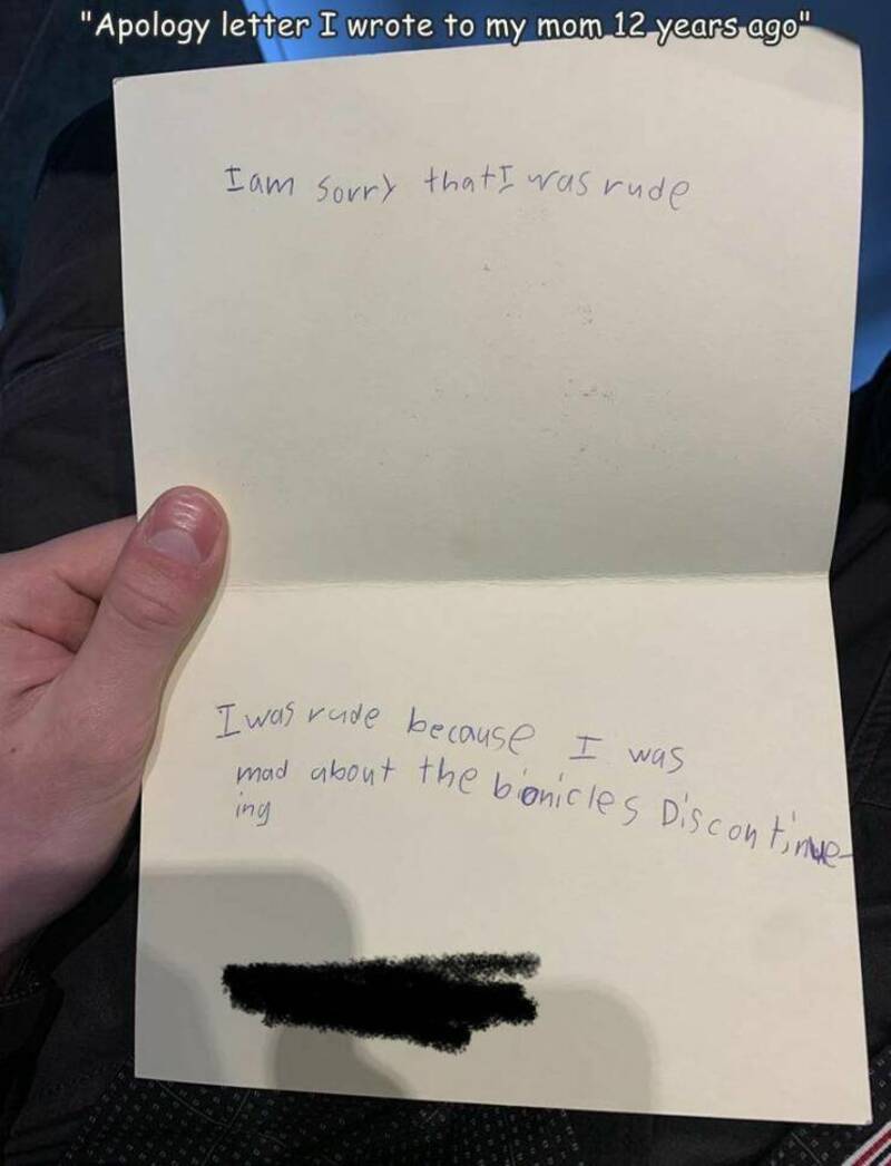 Handwritten apology letter about being rude, with blacked-out section at the bottom.