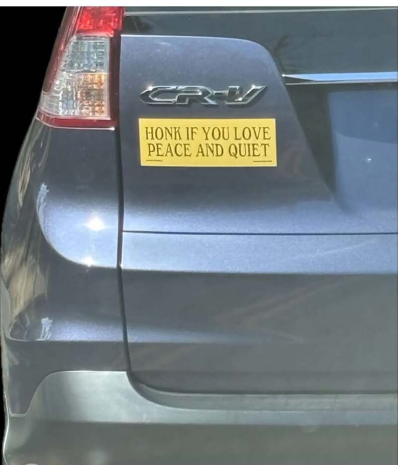 Sticker on car reads 'HONK IF YOU LOVE PEACE AND QUIET'.