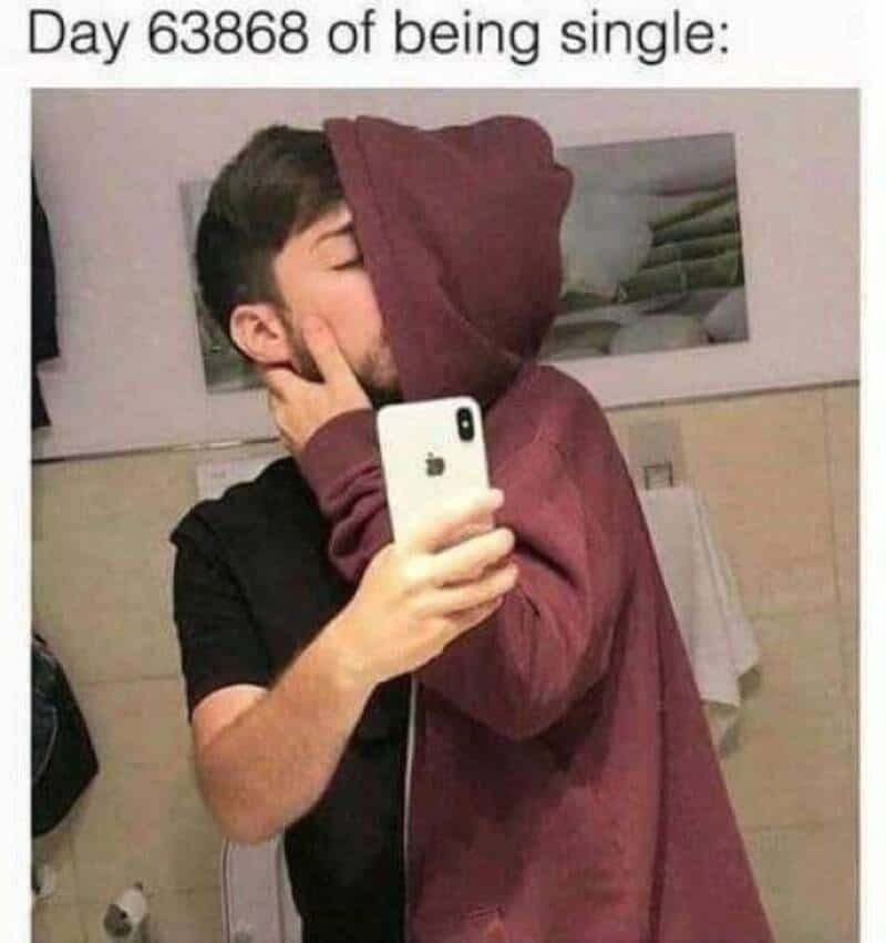 A person taking a mirror selfie with a hoodie covering their face, captioned 'Day 63868 of being a s.