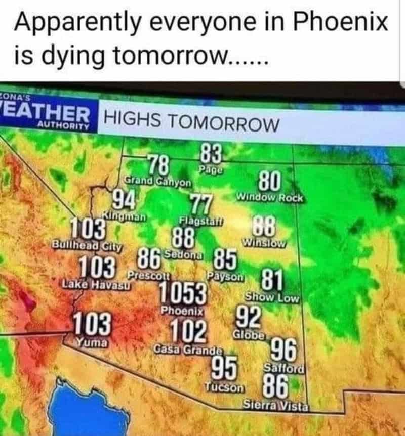 Weather forecast map for Phoenix and surrounding areas with temperatures for tomorrow.