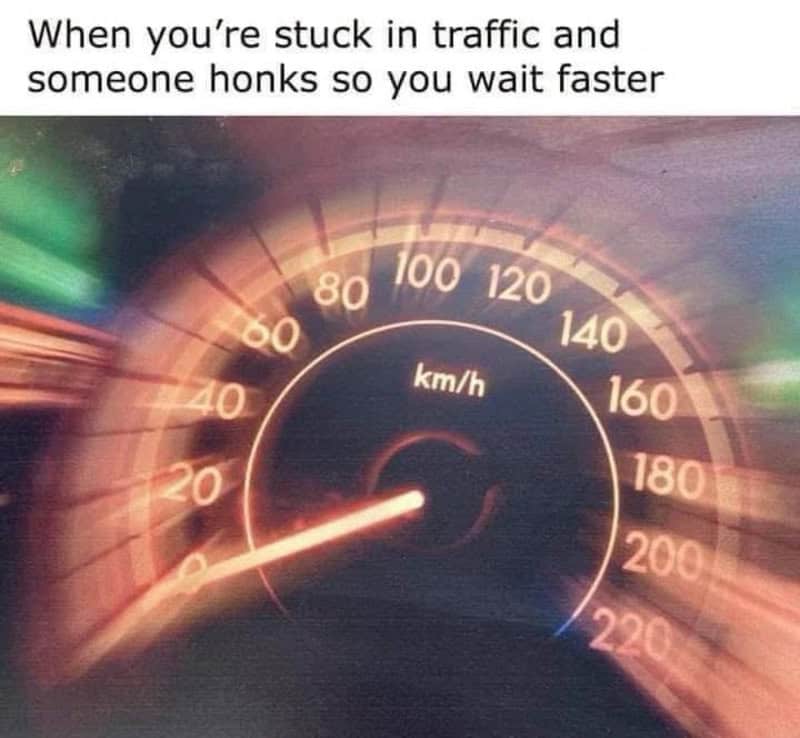 Speedometer showing around 80 km/h with motion blur and a humorous caption.