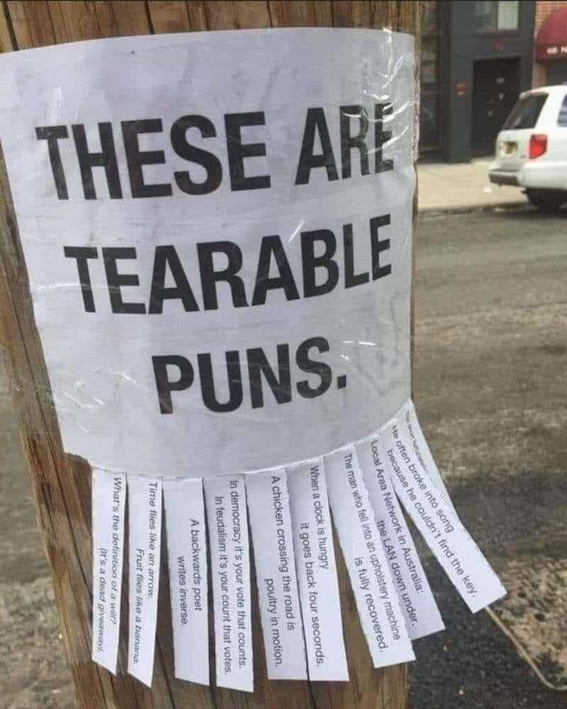 Sign reading 'THESE ARE TEARABLE PUNS' with torn paper strips at the bottom.