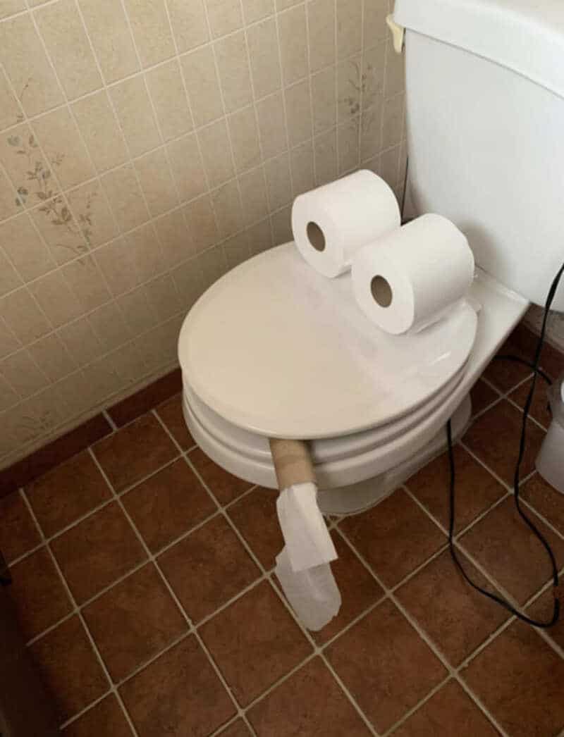 Toilet with two rolls of toilet paper on top and a roll hanging down.