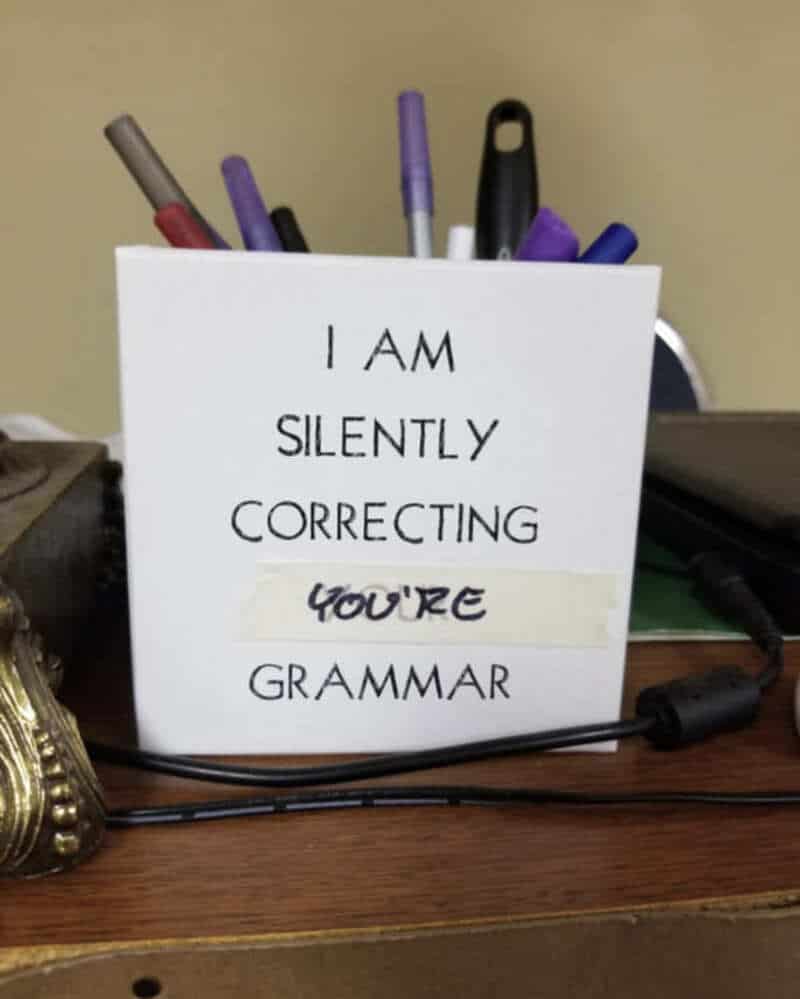 Sign says I am silently correcting you're grammar with pens behind it.