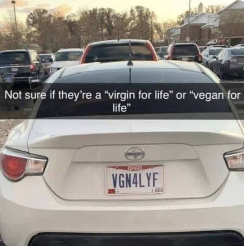 Car with Ohio license plate VGN4LYF and humorous caption about virgin or vegan.