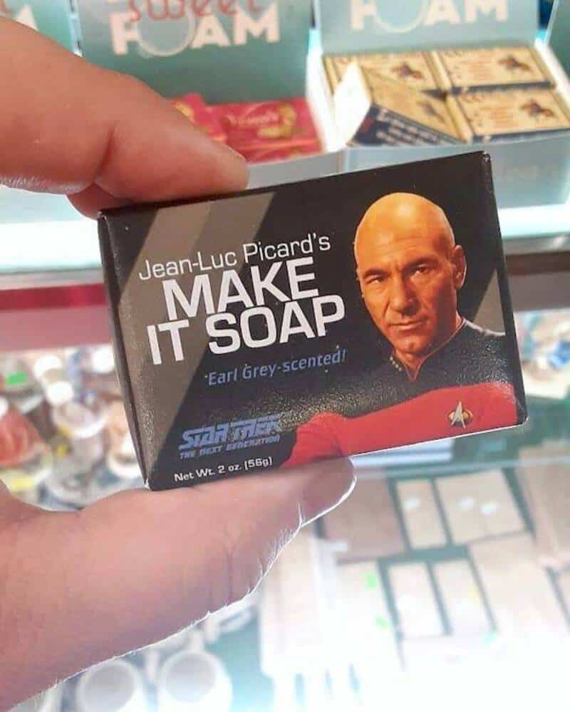 Soap bar with Jean-Luc Picard's face and 'Make It Soar' label from Star Trek.