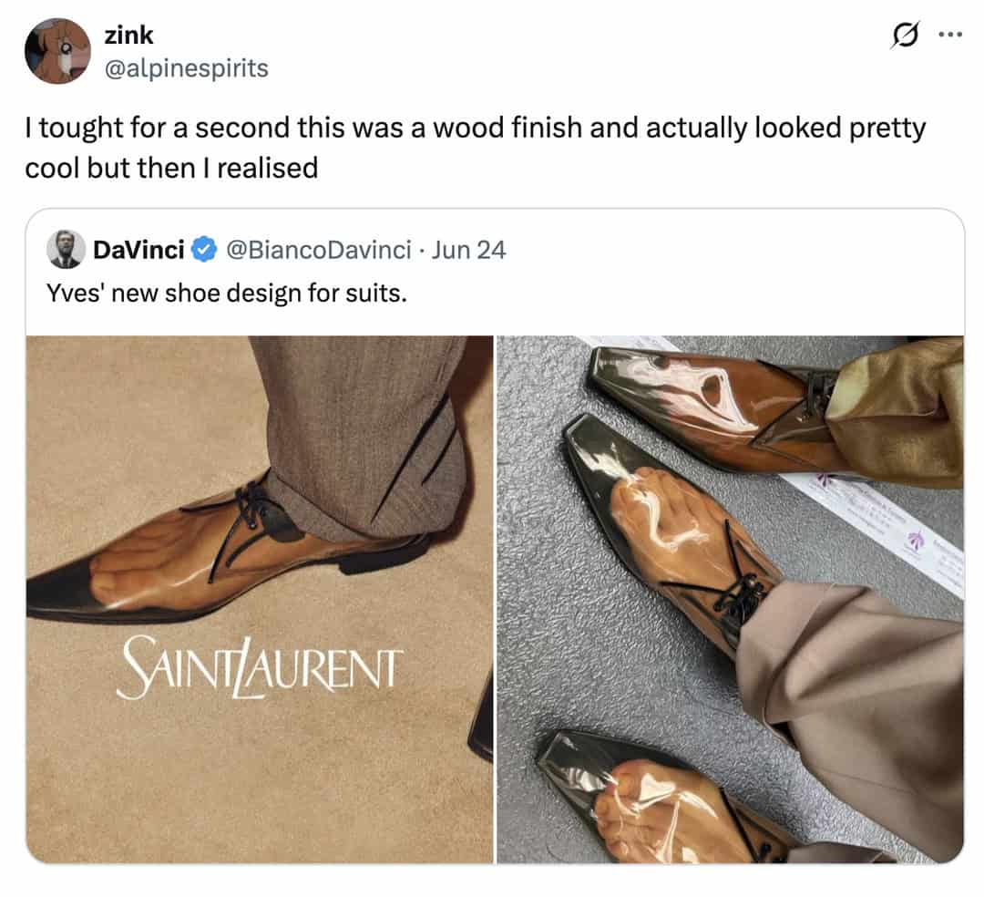 Humorous comparison of a wood-finish shoe design and a real shiny shoe design.