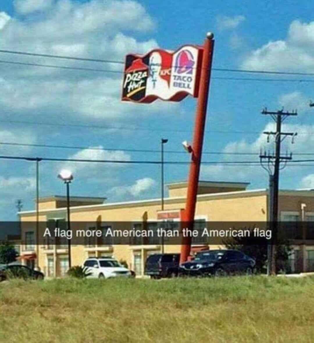 A flag with Pizza Hut, Taco Bell, and KFC logos, more American than the American flag.