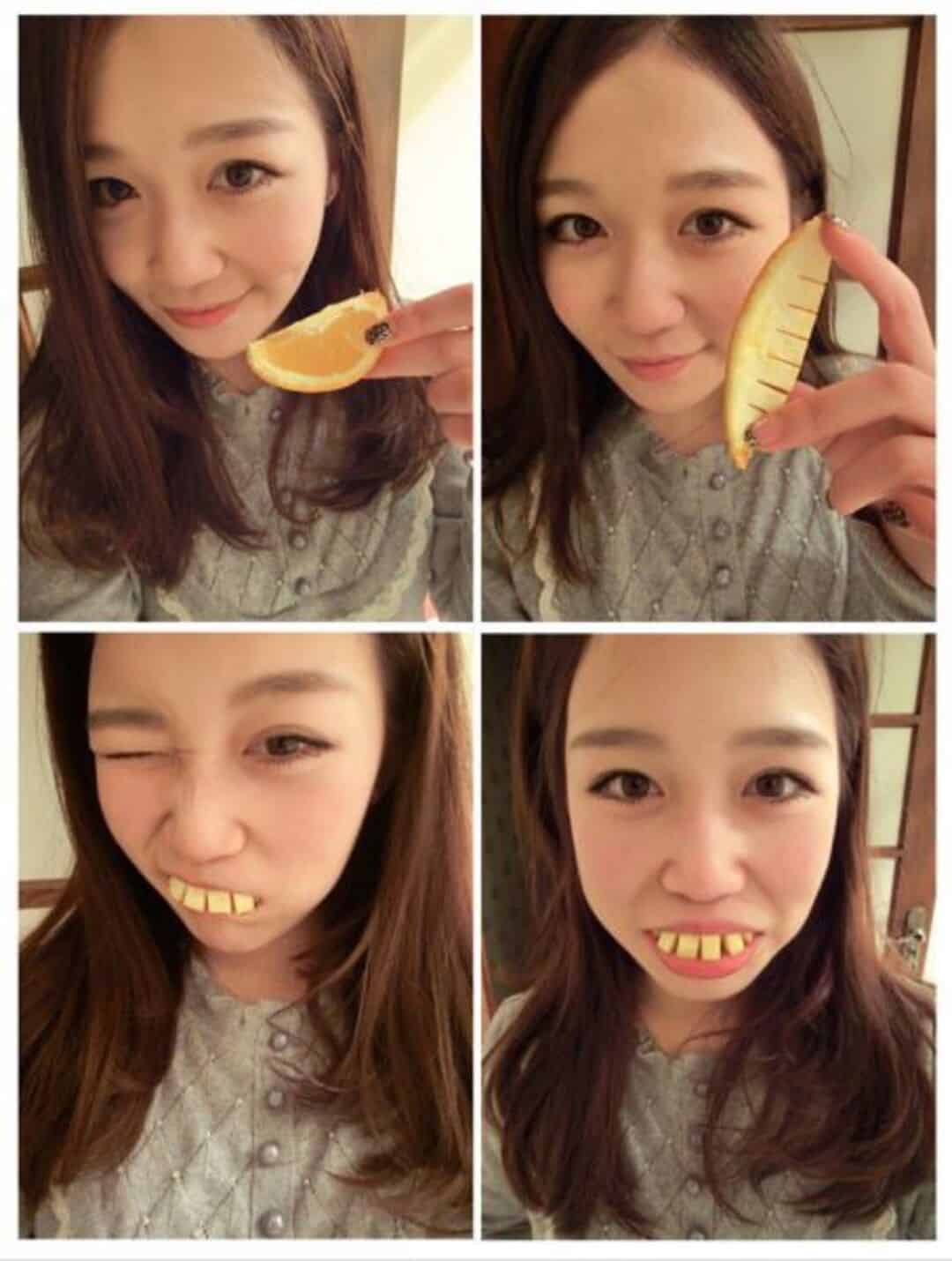 Girl holding orange, banana, and yellow teeth props in four photos.