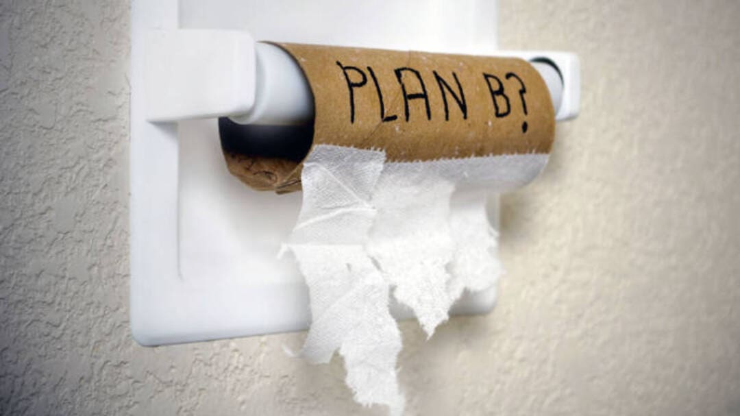 Toilet paper roll with a cardboard tube labeled 'PLAN B?'.