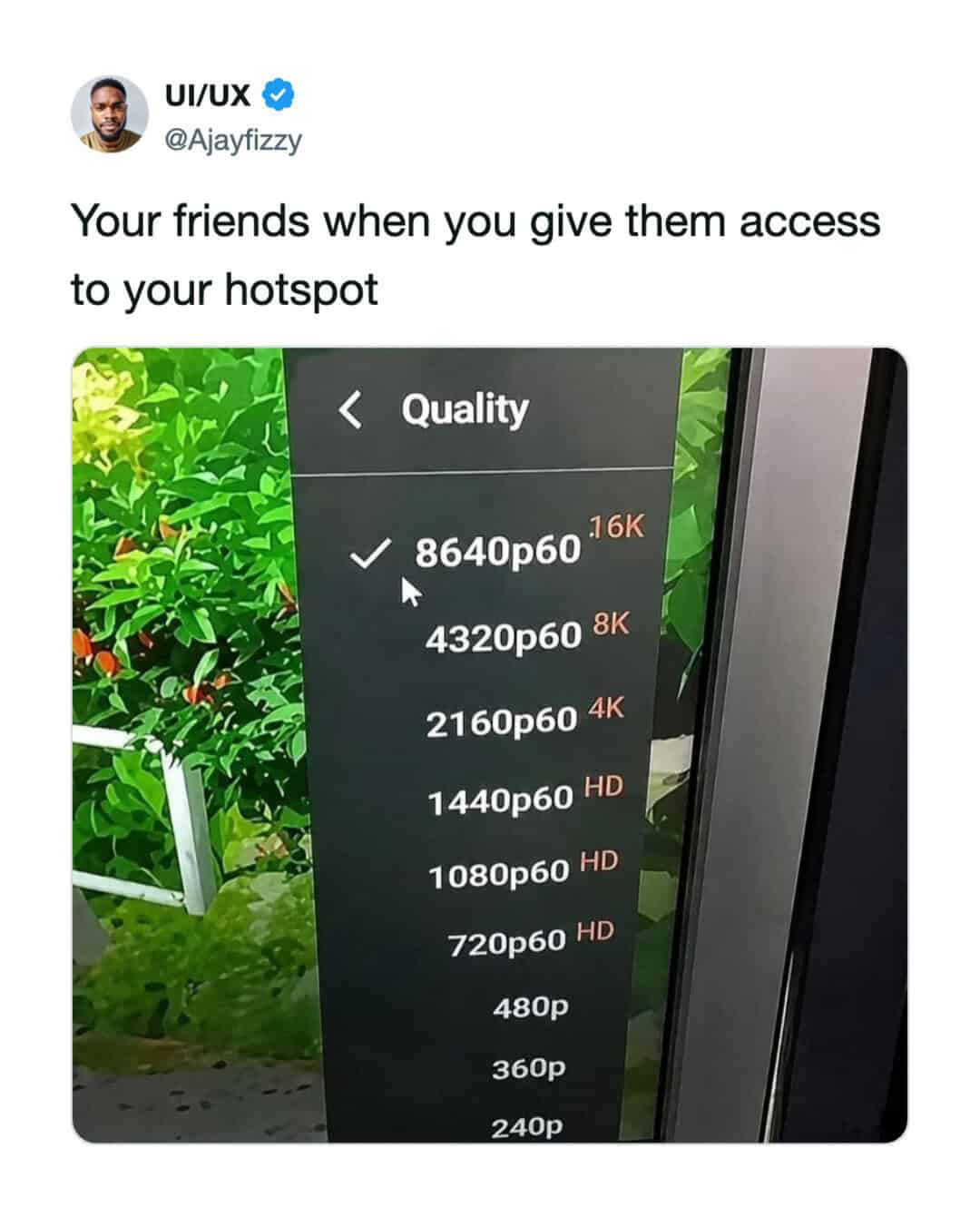 Friend giving access to hotspot with quality options on screen.