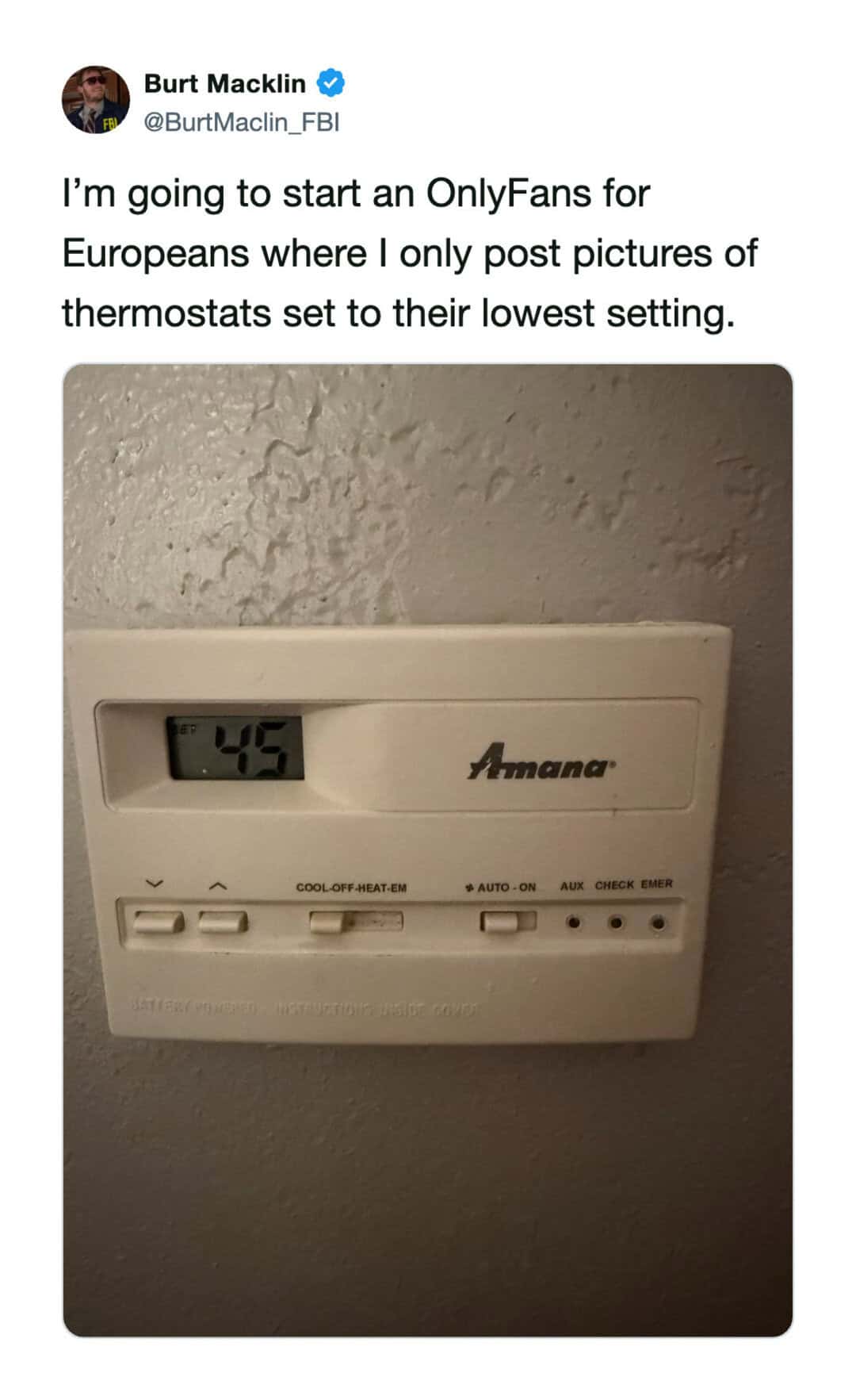 Thermostat set to 45 degrees, with a humorous caption about OnlyFans.