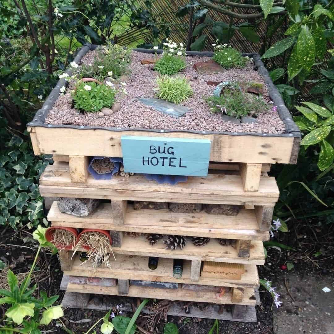 A wooden bug hotel with plants and a sign that says 'Bug Hotel' in a garden.
