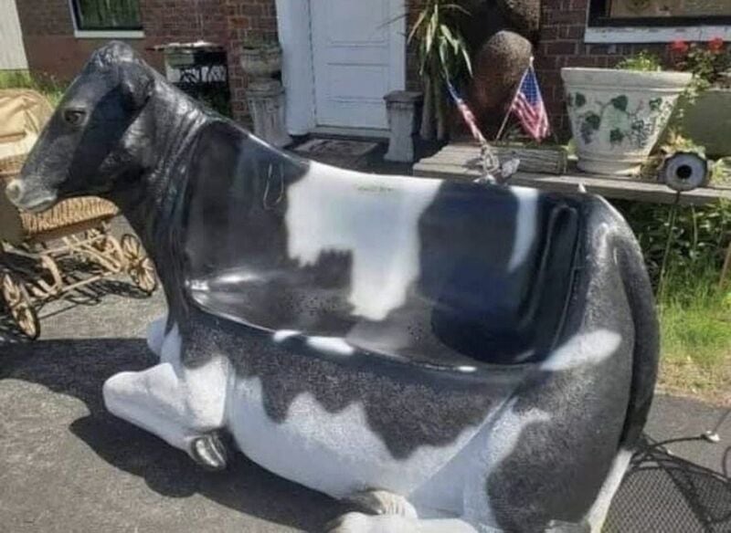 A cow-shaped vehicle with a black and white pattern, parked outside a house.