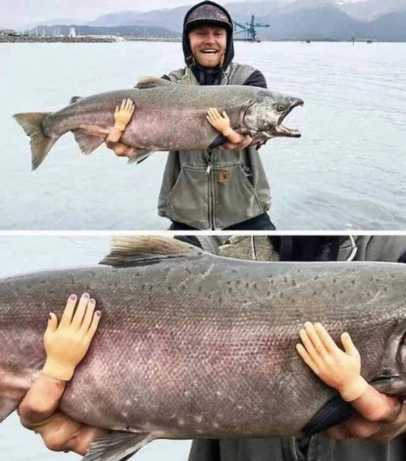 Man holding a large fish with two hands, smiling, water and mountains in background.