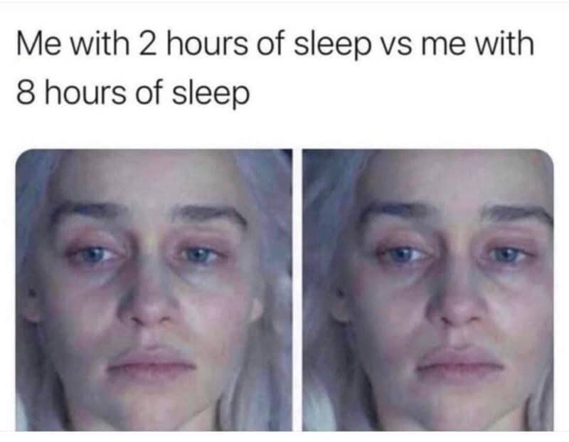Comparison of a woman with 2 hours of sleep vs 8 hours of sleep.