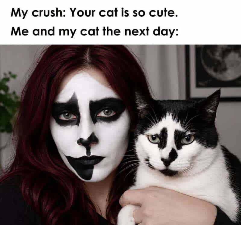 Person with face paint and a black-and-white cat, both with similar facial markings.