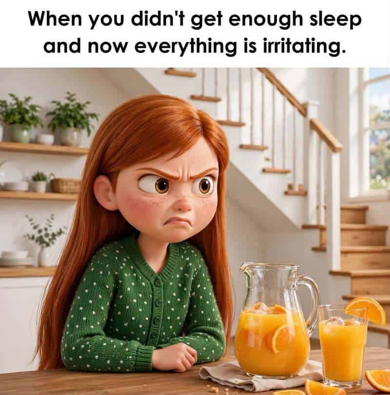 Relatable meme of a girl with an angry face and a jug of orange juice.