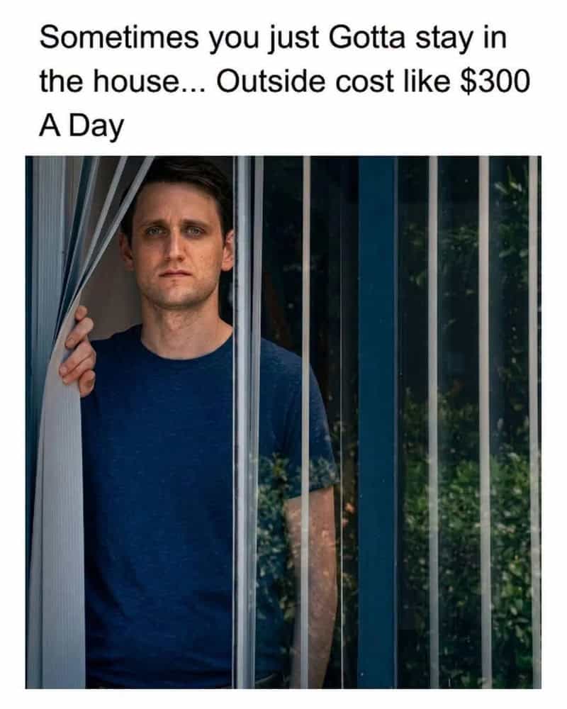 Man looking out of a window with bars, feeling sad, with text about staying in the house.