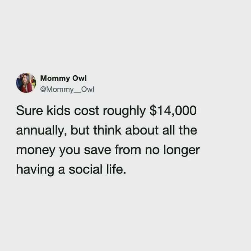 Mommy Owl tweet about kids costing $14,000 annually and saving on social life.