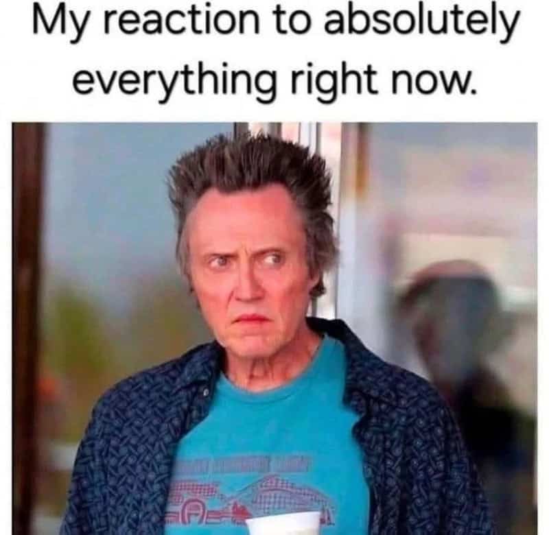 Reaction of an elderly woman with a confused and annoyed expression.