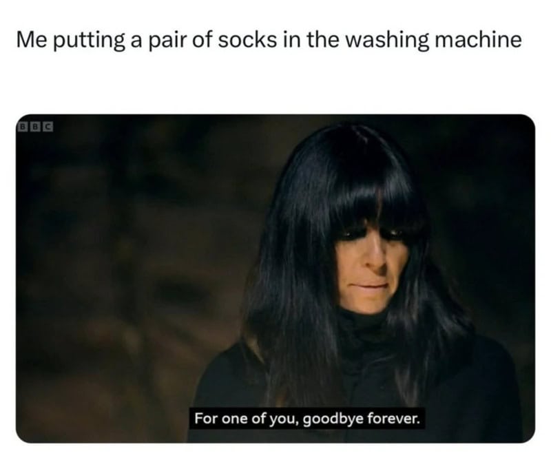 Person putting socks in washing machine with caption about saying goodbye forever.