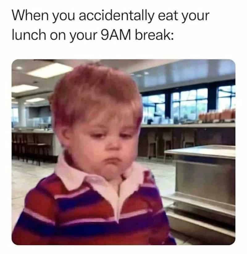 Child with a sad expression in a school cafeteria, caption about eating lunch on 9AM break.