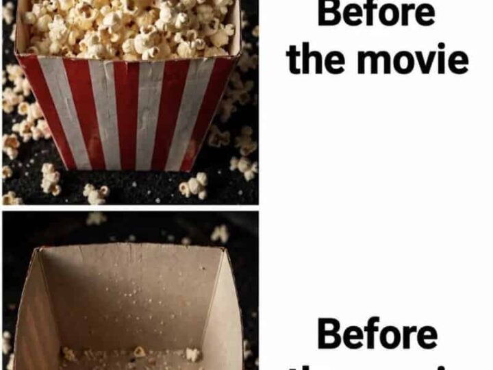 Two images of popcorn buckets, one full and one empty, with text 'Before the movie' and 'Before thee.