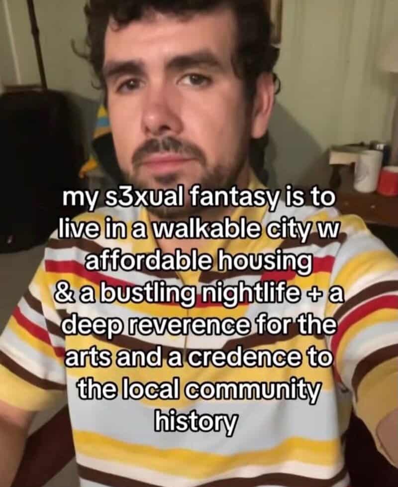 Man with a beard wearing a striped shirt, text overlay about living in a walkable city.