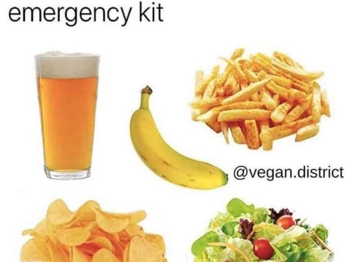 Vegan emergency kit with beer, banana, fries, chips, and salad.